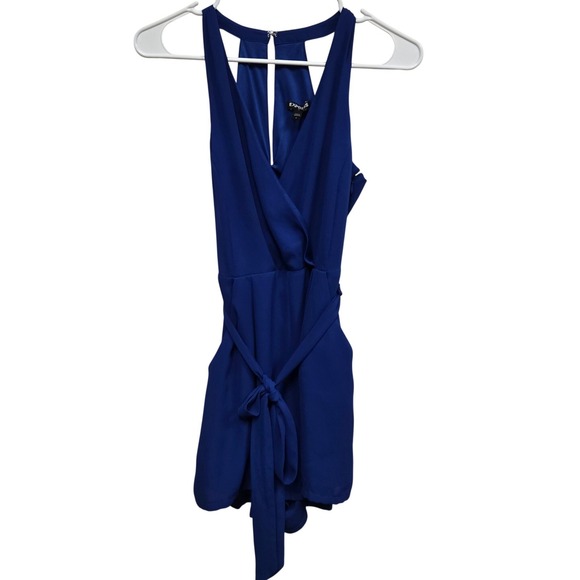 Express Royal Blue V Neck Wrap Tie Waist Sleeveless Romper Size 0 - Picture 2 of 11